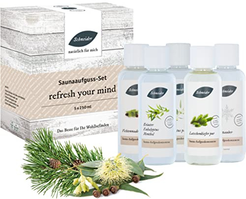 Saunabedarf Schneider - Aufgussset refresh your mind - 5 x 250 ml Inhalt - waldig-frischer Saunaaufguss, wohltuender Mix