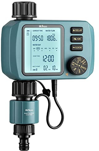 HiOazo Programmable Water Timer with Flow Meter for Garden Hose, Eco Mode, Manual Watering, Rain Delay, Child Lock, for Lawn, Yard, Pool, Mist System