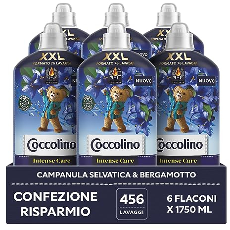Coccolino Ammorbidente Concentrato Campanula Selvatica e Bergamotto, Ammorbidente Lavatrice Intense Care con Tecnologia Pro-Fibre, Formato XXL 456 Lavaggi, 6 Pezzi da 1750ml