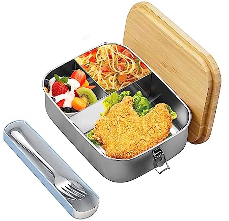 1200ML Bento Box für Erwachsene/Kinder, Bento Lunchbox, Premium Edelstahl Lunchbox mit Holzdeckel 1200ML, Brotdose mit 3 Fächern, Mikrowelle, Spülmaschine Sicher, Geeignet für Schule,Arbeit,Picknick