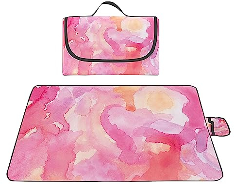 Yoonqun Picknickdecke 200x200cm,Wasserdicht Strandunterlage,Pinke Aquarellfarbe Stranddecke XXL Weiche Campingdecke mit Tragegriff Strandmatte für Park,Garten,Strand,Waschbar