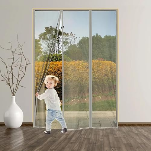 Magnet Fliegengitter Balkontür ohne Bohren Klebemontage, Fiberglas Netz Türvorhang Fliegenschutz, Insektenschutz Tür Vorhang mit Verbreitertem Klebeband 175x210cm (grau)