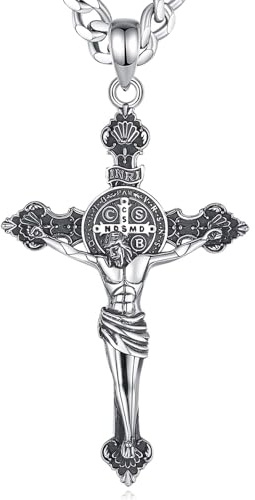 INFUSEU Collana Uomo, Collana Croce Gesù Crocifisso Argento 925 Ciondolo Patrono Croce Di San Benedetto Fede Cristiana Gioielli Religiosi Amore Divino Amuleto Regali per Uomini Donne