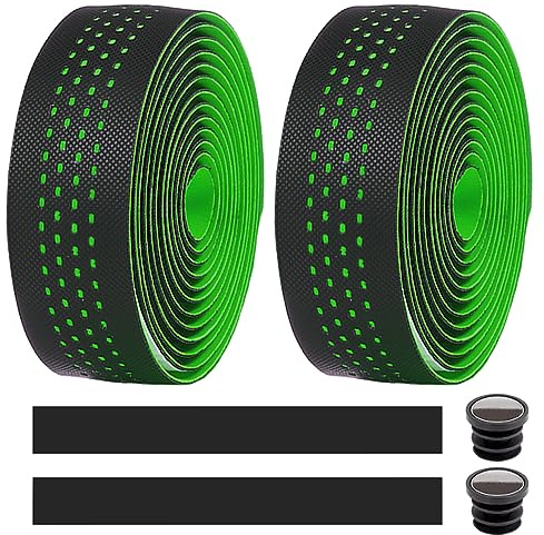 MOCNT 2 Piezas Cinta de Manillar de Bicicleta Carretera Ciclismo Cinta de Esponja EVA PU Cuero Bandas Autoadhesivas Antideslizante Transpirable con Tapón Extremo Barra Verde