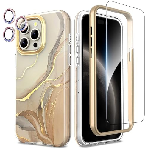 SHEDEER für iPhone 15 Pro Max Hülle mit Glitzer Kameraschutz + Displayschutz, 15 Pro Max Hülle Schick Anti-Vergilbung, 360 Grad Schutz Stoßfest Handyhülle für iPhone 15 Pro Max 6,7, Elegant Gold