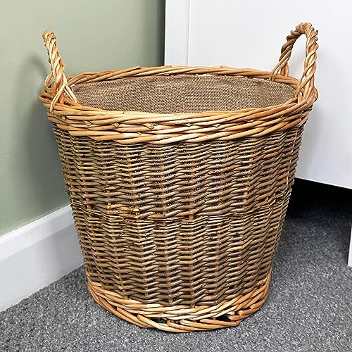 Unpeeled Log Basket 33cm Lined Woven Wicker Brown Round Fireplace Storage With Handle