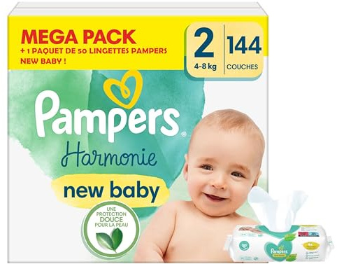 Pampers Couches Harmonie Taille 2 (4-8 kg), 144 Couches Bébé, Méga Pack + 1 Paquet De Lingettes New Baby, 100% d'absorption Pampers, Hypoallergéniques