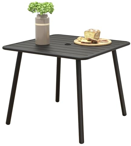 C-Hopetree Square Metal Outdoor Garden Dining Table with Umbrella Hole for Outside Patio, Black