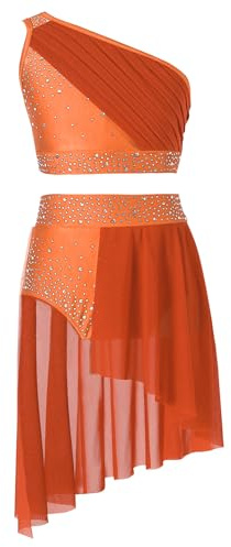Nyeemya Vestido de Patinaje Artistico sobre Hielo para Niñas Traje de Gimnasia Rítmica con Crop Top de un Hombro y Falda de Danza Lírica Contemporánea Naranja 7-8 años