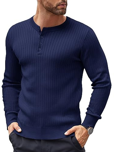 COOFANDY herrtröja Henley krage stickad tröja herr tröja med fjärdedelar knappar normal passform avslappnad tröja, Blåviolett, L
