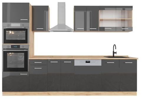 Vicco Küchenzeile R-Line, Anthrazit Hochglanz/Goldkraft Eiche, 300 cm | 8 Module · Höhenverstellbare Füße · AP Eiche inkl. · Robuste Fronten · Mit Backofen-/Mikrowellenschrank