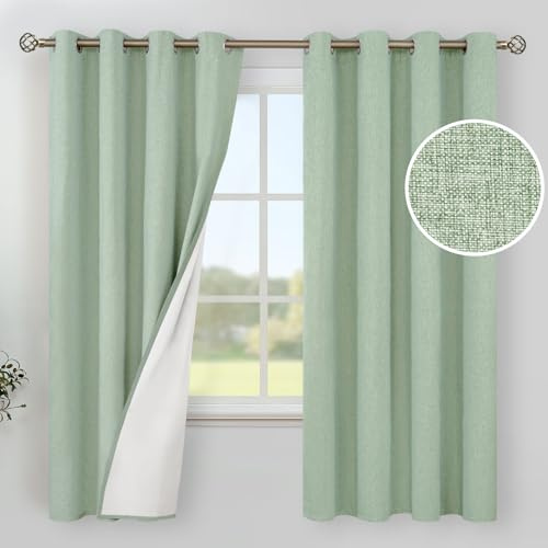 YoungsTex Verdunklungsvorhänge aus Leinen, 160 cm lang, 2 Paneele, Hellsalbeigrün | Vorhänge mit Ösen, für Wohnzimmer, Schlafzimmer, Fenster, wärmeisoliert, 132 x 160 cm