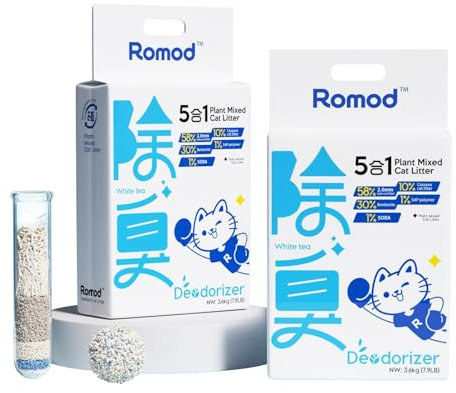 Romod 2Bags - Arena de tofu 5 en 1 para gatos, yuca mixta, bentonita, bicarbonato, savia, planta natural, aglutinación rápida, fuerte absorción de agua y desodorización, sin seguimiento, sin polvo
