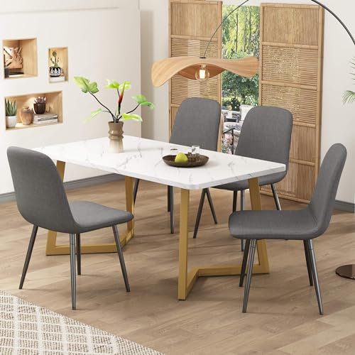 YCYDHDM Esstisch mit 4 Stühlen, Essgruppe mit Leinen Esszimmerstühle, Küchentisch Set mit Goldene Metalltischbeine für Esszimmer und Wohnzimmer, MDF Tischplatte, Grauer Stuhl