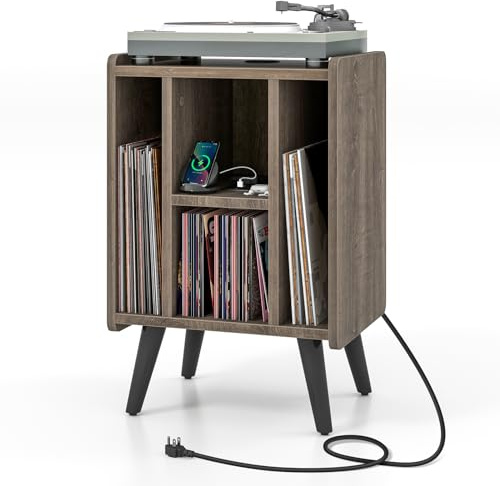 COSTWAY Mesa Auxiliar con Estación de Carga, Soporte para Tocadiscos con Amplia Encimera, Toma De Corriente, Estante de Exhibición para Tocadiscos Vintage para Sala de Estar, Dormitorio (Roble Gris)