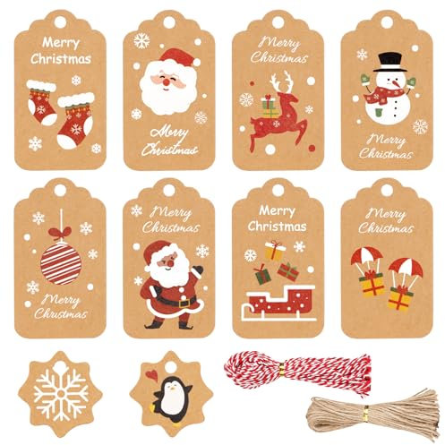 maxtachi 200 Stück Geschenkanhänger Weihnachten Set,100 Stück 10 Arten von Geschenkanhänger Kraftpapier mit 2 Arten von Seil für Weihnachtsbaumschmuck und Geschenkverpackung