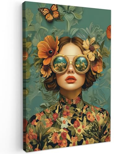 MuchoWow© Bild auf Leinwand Schlafzimmer Bilder Badezimmer Wand Deko | 40x60 cm - Wohnzimmer Modern Wanddeko Bilderwand Geschenk Frau - Blumen - Schmetterlinge - Natur - Vintage