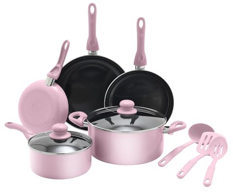 GreenLife Essentials 10 Piece Cookware Set, Healthy Ceramic Nonstick Pots, Frying & Sauce Pans, PFAS & PFOA Free, Dishwasher Safe, Even Heating, Versatile Kitchen Essentials, Light Pink