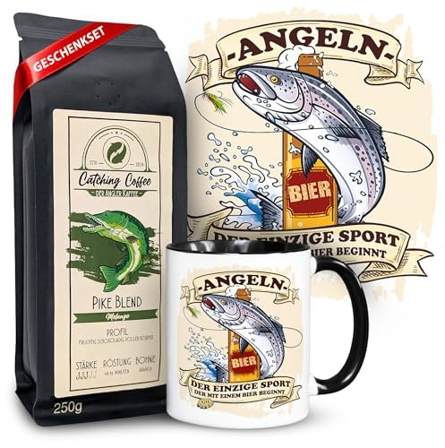 NICE-Presents - Geschenkset Tasse mit Kaffee - Angeln, Bier & Fisch Spruch - Schwarzer Henkel - Kaffeetasse 300 ml - Keramik, spülmaschinenfest - Peru Melange Kaffee 250g - für Kaffeeliebhaber
