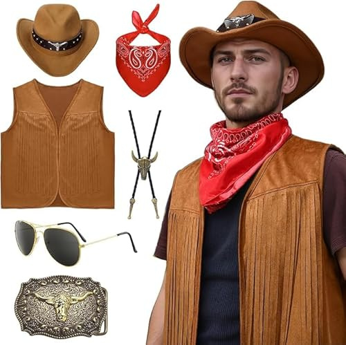 Antsparty Cowboy Kostüm Herren, Western Cowboy Fransenweste Set mit Hut Halstuch Halskette Brille, Herren Halloween Karneval Hippie Kostüm