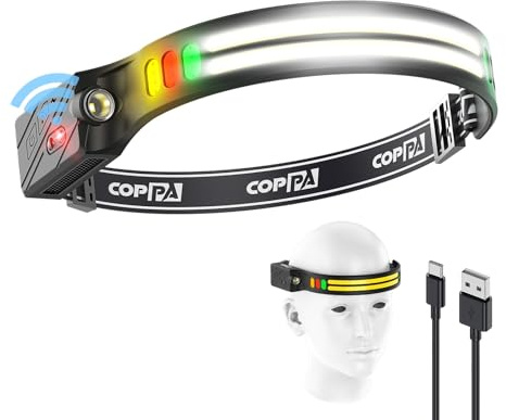 Coppa Kopflampe, H4C Stirnlampe LED Wiederaufladbar 1 Pack mit Flutlicht & Spotlicht Weiß & Gelb & Rot & Grün Headlamp Mit Motion Sensor für Kinder Camping Laufen Angeln Klettern Reparatur Joggen