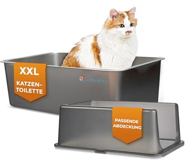 Lucky-Kitty Katzenklo Edelstahl, XXL 60x40x40 cm, mit Deckel, Auslaufsicher