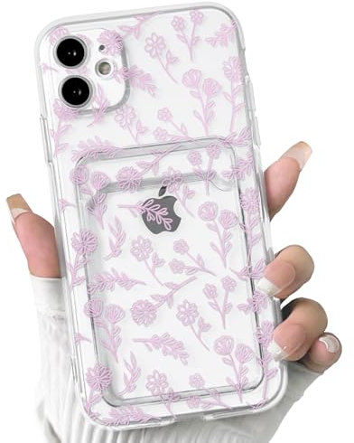 NITITOP Compatibile con iPhone 12 Mini, custodia trasparente con porta carte di credito, motivo floreale con foglie per donne e ragazze, in morbido TPU antiurto, custodia protettiva per telefono, rosa