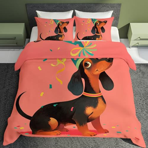 Housse de Couette 220x240 Teckel - Decoration Teckel, Parure de Lit 2 Personnes Enfant Chien de Dessin Animé Mignon, Linge de Lit en Microfibre Douce avec Fermeture éclair, 2 Taies d'oreiller 65x65 cm