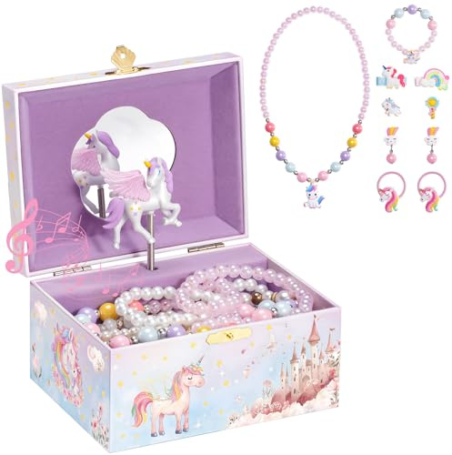 ProCase Kinder Musik Box Schmuckkästchen mit Spieluhr Einhorn, Schmuckschatulle mit Melodie für Mädchen (Mit Einhorn-Schmuckset)