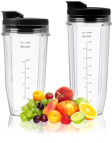 2 Piezas Vaso Blender, Repuesto para Licuadora Ninja Tazas de 24 oz y 32 oz con 2 Cubiertas, Piezas de Repuesto para Vaso de Licuadora Ninja Mixer Repuestos Contenedores, Compatible con la Serie