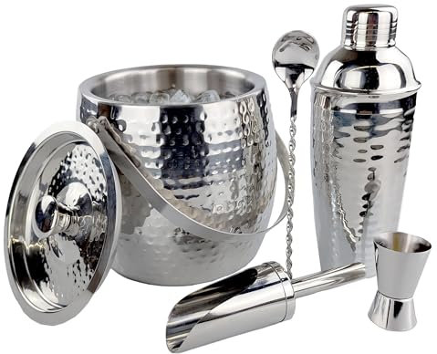 BREKX Cubo de hielo aislado para bar de cóctel con coctelera, juego de cóctel de 5 piezas para fiestas con tapa y cuchara, accesorios de camarero, kit de camarero para bar en casa o regalo