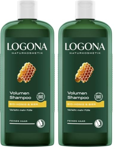 LOGONA Naturkosmetik Volumen Shampoo für natürlich volles Haar, Geeignet für feines Haar, Pflegendes Haarshampoo mit Bier und Bio Honig, 1 x 500 ml (Packung mit 2)