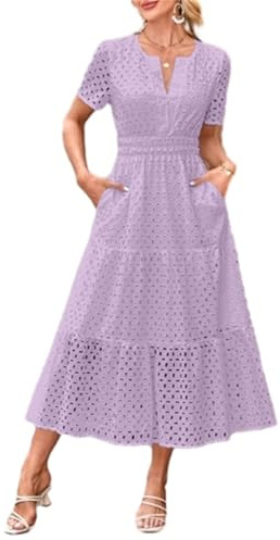 Women's Summer Dress V Neck Boho Maxi Dresses Casual Short Sleeve Long Bohemian Hollow Out Eyelet Beach Dress Ladies Flowy Holiday Swing Loose Fit Dresses with Pockets for Party Evening