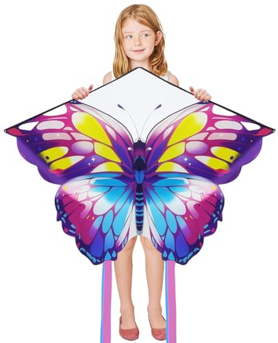 Drachen Kinder, Schmetterlingsdrache, Drachen ab 3 Jahre, Butterfly Kite mit 80m Drachenschnur, Leichtwind Drachen für Kinder und Erwachsene, Einleiner Drachen für Strand, Park und Outdoor Aktivitäten