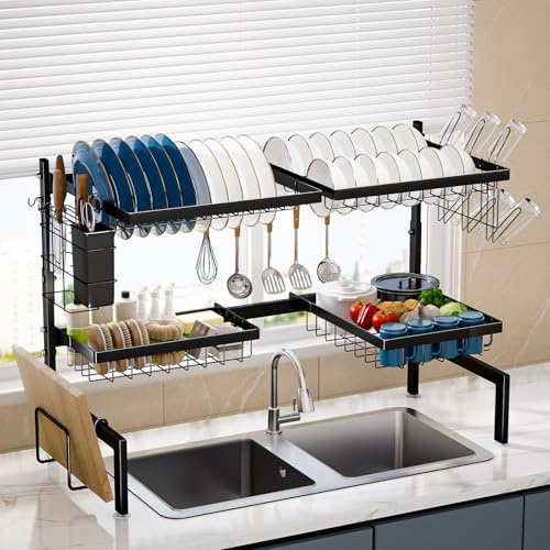 Levede Over the Sink Drainer Rack, 2-Tier Expandable Draining Rack 66-85cm, Large Kitchen Dish Drainers with 4 Basket, Space-Saving Kitchen Counter Shelf Organiser