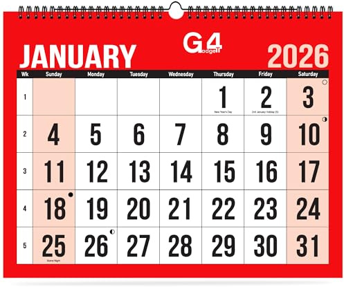 G4GADGET Calendrier mural 2026 mensuel 27 cm x 21 cm – Mise en page facile avec jours fériés britanniques | Planificateur à spirale à suspendre pour la maison, le bureau, l'école et le travail