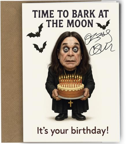 Funny Birthday Card – Caricature with Reproduction Printed Autograph | Rock Music Memorabilia, Heavy Metal Present for Ozzy Fans | Rock Music Inspired Bark at the Moon No1951