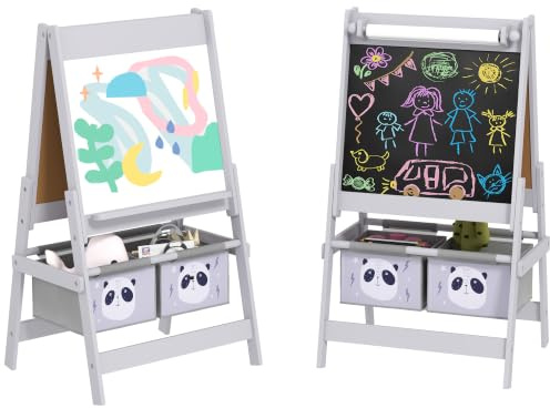 AIYAPLAY Kinderstaffelei, doppelseitige Tafel, Whiteboard, Kreidetafel, Papierrolle, 2 Körbe, 54 x 46,5 x 93 cm, grau