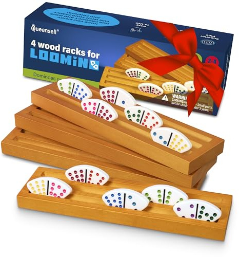 Queensell Loomino-Halter – Gebogene Domino-Ablagen, 4er-Set – Zubehör für das Loomino-Spiel „Mexican Train“ – Domino-Tabletts aus Holz
