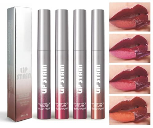 4 Colors Lip Stain Peel Off, Long Lasting Waterproof Transferproof Peel Off Lip Stain, Non-stick Cup Matte Finish Liquid Lipstick Makeup for Women