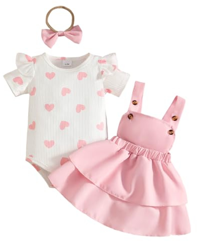 Ensemble Bébé Fille Imprimé Haut+Salopette Jupe d'été Automne 3Pcs Vêtement | Manches Courtes/Longues Nouveau-né Vêtements,Salopette Jupe à Bretelles Ajustable,Motifs à pois, papillons et cœurs,Bandeau