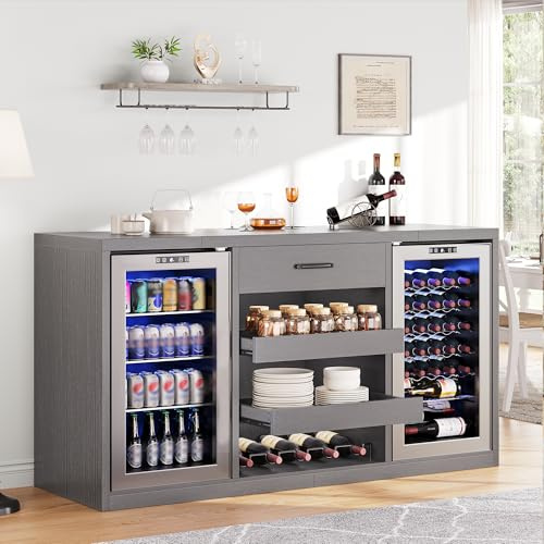 Jocoevol Large Coffee Bar Cabinet, Mini Fridge Cabinet with Power Outlets and Fridge Space, Farmhouse Design Liquor Cabinet for Kitchen and Dining Room, Black