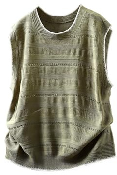 LIUYUYOUGO Gilet Donna Canotte Estive da Donna in Maglia Blocchi di Colore Maglioni in Cotone E Lino Girocollo Senza Maniche Gilet T-Shirt Maglia Leggera all'Uncinetto Traforata Pullover Verde Milit