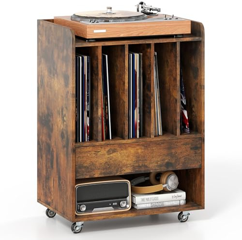 COSTWAY Soporte para Tocadiscos con Ruedas, Mueble para Discos de Vinilo con 5 Compartimentos, Cajón y Estante Abierto, Mesa Auxiliar para Tocadiscos para Salón, Oficina, 52 x 35,5 x 73 cm (Marrón)