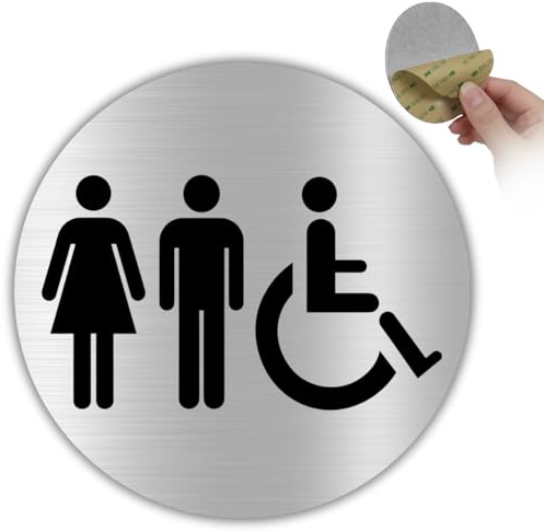LEIASA | Cartello Bagno Disabili Unisex - Ø 10 cm - Alluminio - Accessibile | Adesivo Sedia A Rotelle, Targhetta Servizi Igienici Handicap, Pittogramma Carrozzina, Toilette Mista Nei Locali