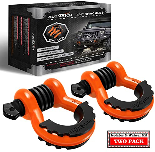 AUTMATCH Manilles à Anneau en D de 1,9 cm (Lot de 2) - Résistantes à la Rupture avec goupille à vis de 2,2 cm et rondelles isolantes de Manille pour Sangle de remorquage - Orange et Noir