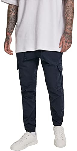 URBAN CLASSICS Pantalón jogging Cargo con bolsillos de parche 2 laterales y 2 traseros, ajuste slim fit, color liso, cintura cordón, puños elásticos, color navy blue, talla L