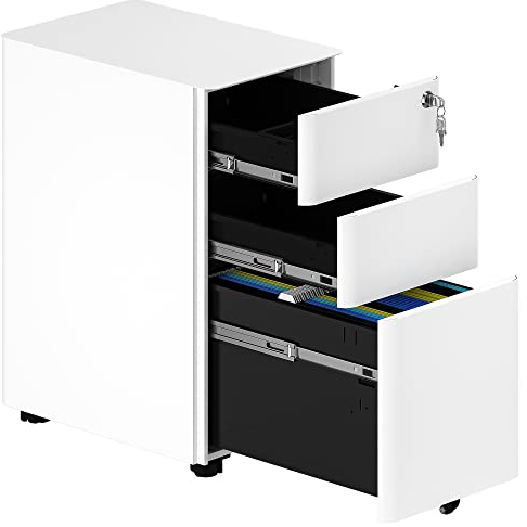 YITAHOME Rollcontainer mit 3 Schubladen, Metall Abschließbar Aktenschrank für A4, Legal, Letter, Mobiler Büroschrank mit Rollen für Home-Office, Hängeregistratur, 45 x 30 x 61cm, Weiß