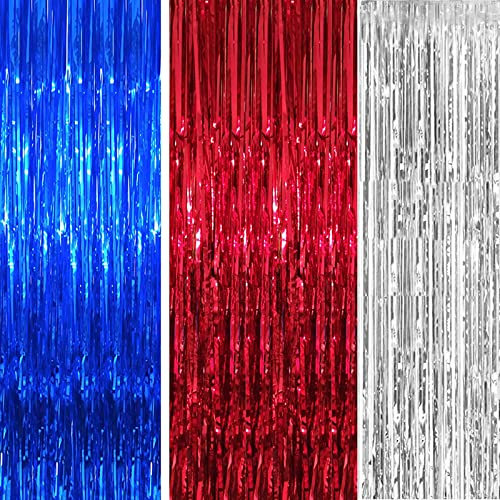 3pcs Red Silver Blue Tinsel Foil Fringe Curtains,3.2ft x 6.5ft Party Backdrops Props for King Charles III Coronation,UK USA French Events,American Independence Day,Superhero Avengers Theme Party Decor