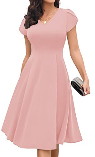 Gardenwed Robe de Cocktail Soirée Bal Femme Vintage Elegant 1950s Rockabilly pour Fête Baptême Guinguette Bal Mariage A-Line Col en V Blush 2XL
